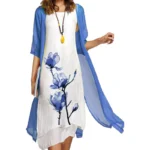 2025 new! Eu-us Summer Women's casual elegance 2 printed crew-neck loose dress sweater coat set - Image 5