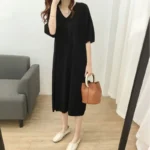 Women Clothing New V Neck Simplicity Loose Street Casual T Shirt Dress Summer Short Sleeve Solid Korean Midi Dress Fashion Trend - Image 3