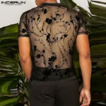 2023 Men T Shirt Mesh Striped O-neck Short Sleeve Transparent Men Clothing Streetwear Sexy Korean Fashion Tee Tops S-5XL INCERUN - Image 6