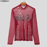 INCERUN Men T Shirt Printing Mesh See Through Turtleneck Long Sleeve Male Tee Tops Streetwear 2026 Fashion Sexy Camisetas S-3XL - Image 5