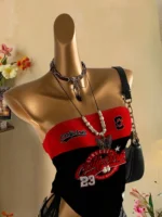 cropped top ，Women's Summer Drawstring Tie Front Cutaway Tapered Tank Top, Fashionable Resort-Fit Sporty Print Strappy Top - Image 5
