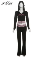Nibber Lace Patchwork Woman 2 Piece Set Hooded Zip Crop Jacket+Patchwork Flare Pants Matching Streetwear Casual Matching Outfits - Image 6
