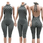 Women Polka Dot Halter Backless Jumpsuit Stretchy Bodycon Capri Romper for Club Party Backless European and American Styles Set - Image 2