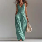 Spring Sexy High Waist Pocket Long Jumpsuit Casual V Neck Button Boho Playsuit Woman New Sleeveless Summer Beach Romper Overalls - Image 6