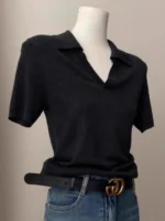 French short shoulder sleeve women's lapel knit top women's spring and summer thin ice silk polo collar of solid color T-shirt - Image 2