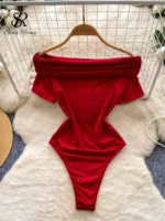 SINGREINY Off Shoulder Women Rompers Simple Style Open Crotch Solid Versatile Slim Chic Summer Casual Workwear Sensual Bodysuits - Image 4