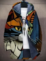 Men Jackets Coats Cute Cats Kitty Printed Zipper Cardigans Cozy Art Graphics Plush Thick Winter Warm Casual Streetwear Clothing - Image 3