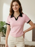 2026 Spring Summer Sexy Crop Tops Women's Color Block V-Neck Short Sleeve Polo Shirt Chic Slim Fit Versatile T-Shirt - Image 4