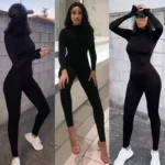 solid black/gray long sleeve skiing jumpsuit women elastic hight outfit fashion fitness sportwear slim rompers streetwear - Image 3
