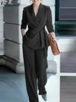 ZANZEA Classy Office Lady Blazer Suits Elegant Women Tied Waist Top and Pant 2pcs Outfit 2025 Trend Streetwear Commute Pant Sets - Image 2