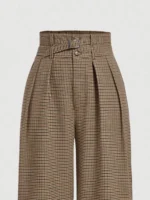 Women's plaid wide-leg trousers, retro high-waisted casual trousers, cargo style trousers with belt - Image 5
