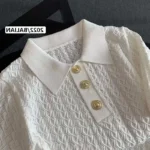 French High end Ice Silk Polo Shirt Women Summer Chic Thin Unique Jacquard Knitted Short Sleeve Loose White T-shirt Women Top - Image 6