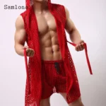 Sexy Men Hollow Out Tank Tops Sleeveless Long Vest 2022 European Style Casual Beach Shirt Clothing Open Stitch Hooded T-shirt - Image 5