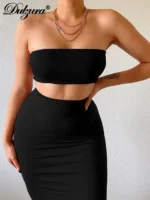 Dulzura Solid Women 2 Piece Set Tube Crop Top Midi Skirt Bodycon Sexy Streetwear Party Club Elegant Matching Co Ords 2021 Summer - Image 3