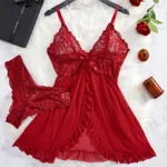 2 Pcs Set Lace Nightgown Women Exquisite Homewear New Green Nighttime Pajamas Transparent Split Nightdress V-Neck Bra Panty Sets - Image 4