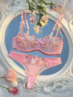 New Pink Transparent Bra Women Lingerie Set Ladies Embroidery Floral Bras Underwear Sets - Image 3