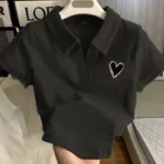 Loves Embroidery T-shirt Polo Collar Orthoshoulder Slim Hotsweet Women's Crop Top Korean Fashion Hottie Simple Casual Wholesale - Image 2