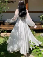 Horetong Elegant Maxi Dresses For Women White Off Shoulder Puff Long Sleeve Elastic High Waist Party Gown Ruffle Holiday Dress - Image 2