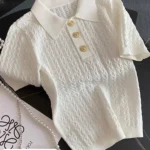 French High end Ice Silk Polo Shirt Women Summer Chic Thin Unique Jacquard Knitted Short Sleeve Loose White T-shirt Women Top - Image 2