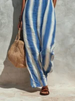 Women Fashion Off Shoulder Pocket Wide Leg Jumpsuit Casual Backless Hollow Beach Romper Striped Printed Camisole Summer Playsuit - Image 3
