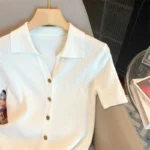 Knitted Polo Shirt Women's Summer Cardigan Short Sleeve T-Shirt Casual Fashion Short Sleeve Tops Knitwear 2025 Korean Clothing - Image 5