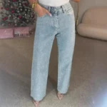 2025 Women Jeans Straight Diamonds Pants Stretch High Waist Washed Mom Jeans Y2k Streetwear Trousers Vintage Denims Streetwear - Image 3