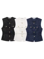 HH Women Fashion Golden Buttons O-Neck Sleeveless Waistcoat Elegant Tweed Vest With Belt 2025 Spring Female Outerwear Tops - Image 6
