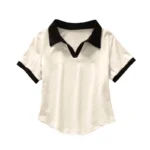 2026 Spring Summer Sexy Crop Tops Women's Color Block V-Neck Short Sleeve Polo Shirt Chic Slim Fit Versatile T-Shirt - Image 6