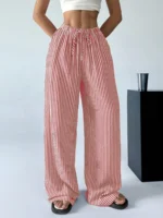 2025 Autumn New Cross border Women's Fashion Loose Striped Drawstring Elastic Waist and Floor Pants from Europe and America - Image 6