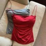Women Cropped Top Vest Sleeveless Tees Tank Tops Camisole Solid Color Casual Spaghetti Strap Slim Fit Built In Bra - Image 2