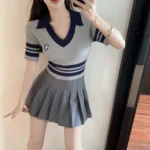 GAODINGLAN Polo V Neck Knitted T-shirt Women Short Sleeve Slim Tight Sexy Crop Tops Summer High Waist Y2k Short Bottom Tees - Image 6