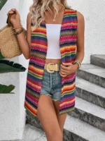 Women's Boho Colorful Geometric Jacquard Sleeveless Vest - Open Front Mid-Long Cardigan for Beach Vacation, Casual & Bohemian - Image 5