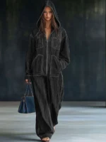 Elegant Hight Street Denim Hooded Jumpsuit Casual Long Sleeve Pockets Loose Party Playsuits Fashion Single-breasted Solid Romper - Image 4