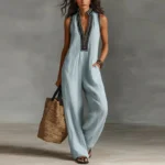 Bohemian Vacation Jumpsuit for Woman 2026 Spring Sexy Print Deep V Neck Hollow Rompers Summer Sleeveless Wide Leg Pants Overalls - Image 4