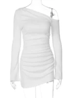 Dulzura Inclined Shoulder Long Sleeve Ruched Slim Irregular Mini Dress Women'S Solid Sexy Casual Dress Party Club Autumn Clothes - Image 6