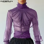 Fashion Well Fitting Tops INCERUN Sexy Men Thin High Neck Shoulder Pleated Shirt Casual Party Nightclub Long Sleeved Blouse 2025 - Image 2