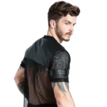 Sexy Men Fishnet T-Shirt PU Faux Leather Mesh Shirts See Through Tops Tee Transparent Short Sleeve Stage Clubwear - Image 6