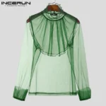 Fashion Well Fitting Tops INCERUN Sexy Men Thin High Neck Shoulder Pleated Shirt Casual Party Nightclub Long Sleeved Blouse 2025 - Image 5