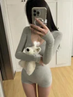 Women's Short Jumpsuits Slim Fit Stretch One Piece Yoga Playsuits Romper Sexy Fitness Grey Basic Low-cut Zipper Sportwears - Image 3