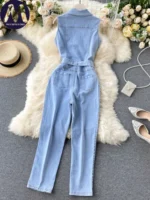 Summer Retro Sleeveless Denim Jumpsuit for Women Single Row Buckle Slim Fit Lace up Fashionable - Image 3
