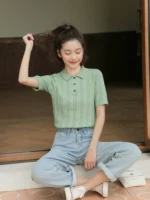 New Summer Fashion 100% Cotton Women Hollow-out Sweater T-shirt Short-sleeve Polo Collar Pullover Tees Korea Casual Knitted Tops - Image 2