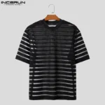 2023 Men T Shirt Mesh Striped O-neck Short Sleeve Transparent Men Clothing Streetwear Sexy Korean Fashion Tee Tops S-5XL INCERUN - Image 4