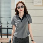 #0297 Cotton Short T Shirt Women Polo Neck Office T Shirt Female Short Sleeve Slim Sexy Red Gray Purple Womens Tee Shirts Summer - Image 2