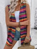 Women's Boho Colorful Geometric Jacquard Sleeveless Vest - Open Front Mid-Long Cardigan for Beach Vacation, Casual & Bohemian - Image 3