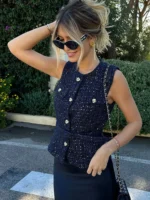 HH Women Fashion Golden Buttons O-Neck Sleeveless Waistcoat Elegant Tweed Vest With Belt 2025 Spring Female Outerwear Tops - Image 2