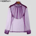 Fashion Well Fitting Tops INCERUN Sexy Men Thin High Neck Shoulder Pleated Shirt Casual Party Nightclub Long Sleeved Blouse 2025 - Image 4