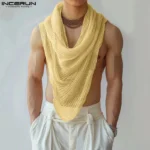 INCERUN Men Irregular Tank Tops Solid Color Turtleneck Sleeveless Transparent Vests Summer Streetwear 2024 Fashion Men Clothing - Image 3