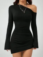 Dulzura Inclined Shoulder Long Sleeve Ruched Slim Irregular Mini Dress Women'S Solid Sexy Casual Dress Party Club Autumn Clothes - Image 4