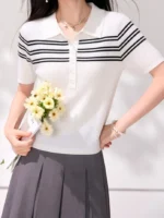 New Fashionable Polo Collar Striped Short Sleeve T-Shirt Korean Summer Preppy Style Casual Minimalist Versatile Women's Top - Image 2