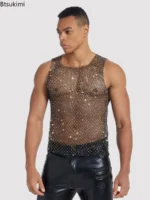 2026 Men's Summer Hollow Mesh Diamond Style Sleeveless T-Shirt Vest Sexy Fashion Trend Leisure Slim Breathable Men's Tank Tops - Image 2